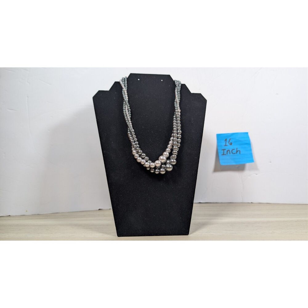 Gray Ivory Faux Pearl Multi Strand Beaded Necklace 16" Statement Jewelry